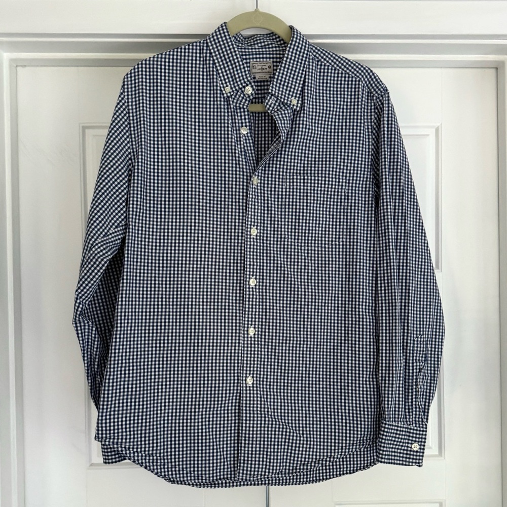 J. Crew Men’s Navy Gingham Cotton Tailored Fit Button Down, Medium